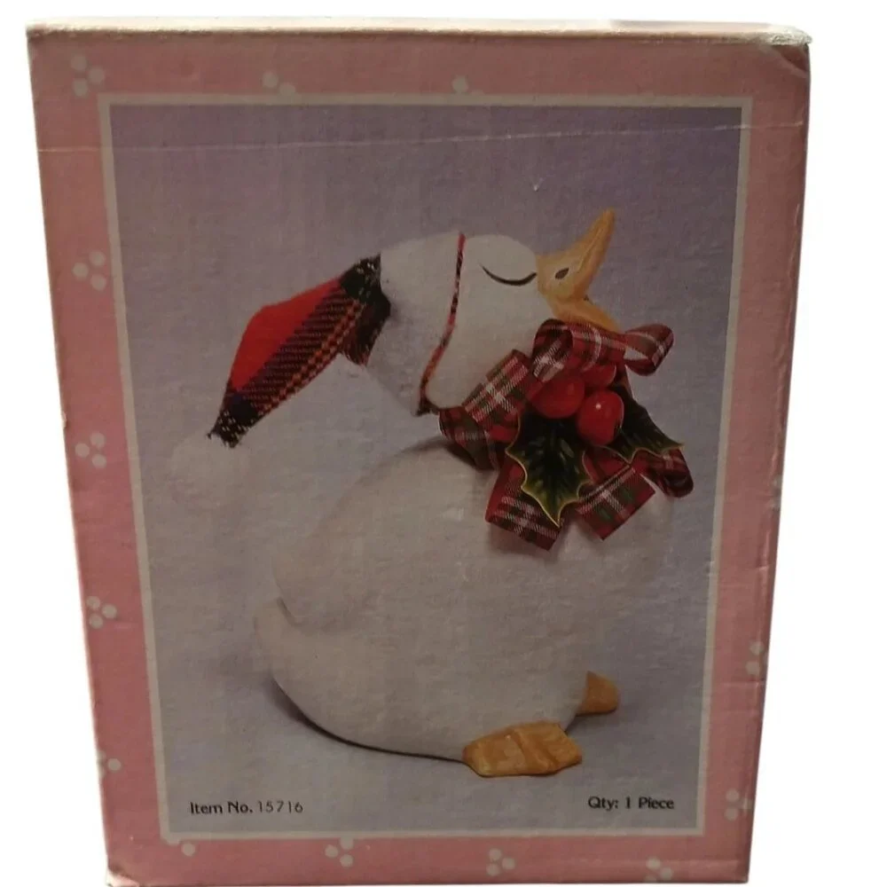 Vintage Holiday Ceramic Duck Figurine W/ Hat & Plaid Scarf White/Yellow 7